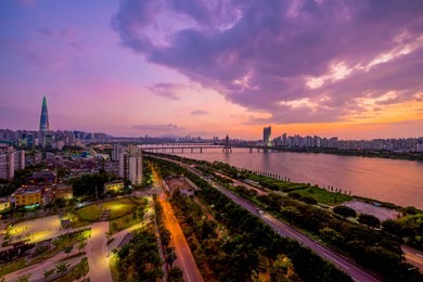 seoulcity south korea. hangang river adn bridge in seoul, south korea.