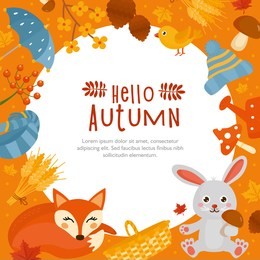 hello autumn! fall greeting card. illustration with a autumn objects. frame with leaves and animals. happy thanksgiving!
