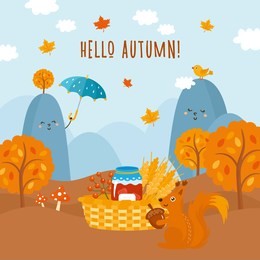 hello autumn! beautiful childish illustration. autumn season landscape. mountains, forest, squirrel. happy thanksgiving! fall greeting card.