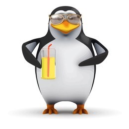 3d render of a funny cartoon penguin drinking a nice cold glass of orange juice