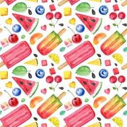 seamless pattern, summer, ice cream and fruits, on isolated background, watercolor illustration, hand drawing.