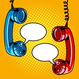 two hanging phone handsets with empty speech bubbles. pop art vector retro illustration.