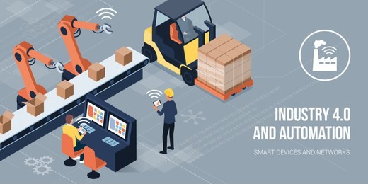 engineers working in a factory and monitoring robots using hmi interfaces: industry 4.0 and automation concept