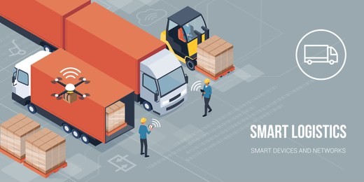 workers loading products on the trucks and tracking delivery with a tablet: smart logistics and transportation concept