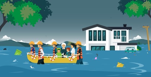 the rescue team brought the boat to help flood victims.