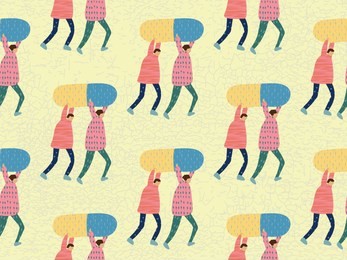 medical people seamless pattern. healthcare print. eldery person with pills, syringe, needle, retort, bottle. biology and first aid teacher.  cartoon doodle characters of doctors and medical equipment