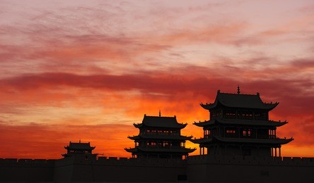 sunrise of the jiayuguan pass tower in gansu,china