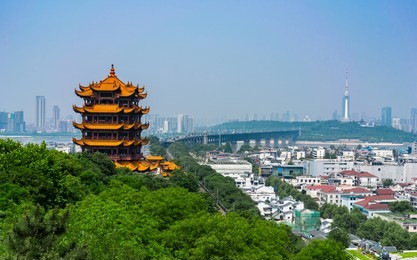 yellow crane tower and wuhan yangtze great bridge scenic view in wuhan hubei china