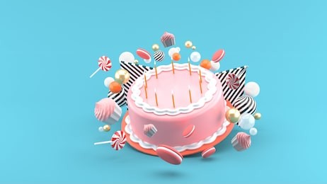 cake among colorful balls on a blue background.-3d rendering.