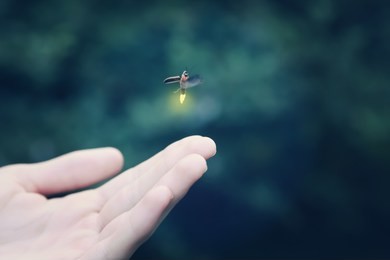firefly flying away from a child's hand, shallow focus on hand, motion blur on firefly