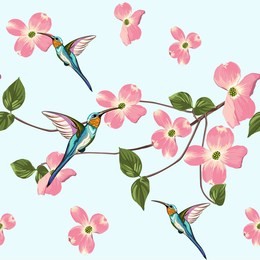 beautiful seamless vector floral summer pattern background with hummingbird and spring magnolia flowers. perfect for wallpapers, web page backgrounds, surface textures, textile. blue background.