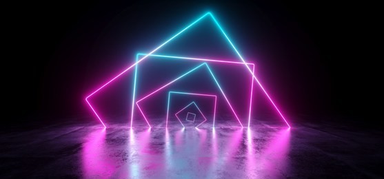 sci-fi futuristic chaotic abstract gradient blue purple pink neon glowing rectangle cube square shape tubes on reflection concrete floor dark interior room space spaceship 3d rendering illustration