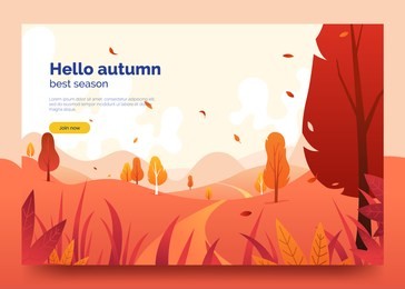 hello autumn colorful web banner. autumn landscape with falling leaves, gradd, trees and mountains. colorful decorative background for promo flyer, web page, card. vector eps 10.