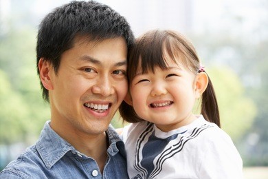 portrait of chinese father with daughter in park