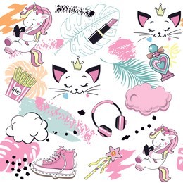 unicorn, cat, girl items and palm leaves seamless pattern