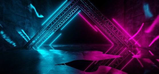 modern futuristic sci-fi purple blue neon lights on abstract construction empty dark stage with concrete reflection floor with water on it rain 3d rendering illustration