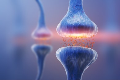 blue synapse and neuron on a blue background. 3d rendering