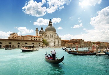 grand canal and basilica santa maria della salute, venice, italy and sunny day