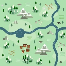 seamless himalayan map pattern in a very simple flat style, complete with its animals, plants, and local settlement