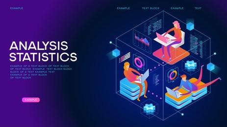 people interacting with analyzing statistics and  charts. workflow and business management. 3d vector isometric illustration.
