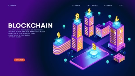 blockchain network concept , distributed ledger technology , block chain text and computer connection. modern 3d isometric vector illustration of web page.  design concept.