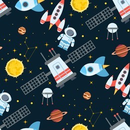 rocket space globe solar system and planet cosmos sky seamless pattern background vector illustration. flight spacecraft astronaut exploration travel shuttle. cosmonaut spaceman ocketship.