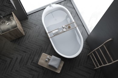top view of modern gray wall bathroom interior with black wooden floor, loft windows, ladder, sink and bathtub. spa, hotel and luxury real estate. 3d rendering mock up