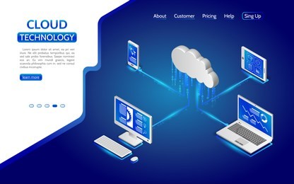 isometric cloud computing services concept. illustration cloud security system with computer, laptop, tablet and smartphone. 3d remote data storage