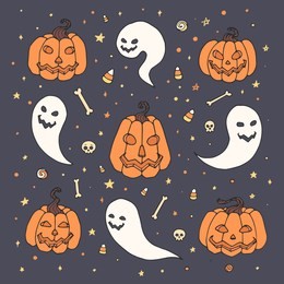 vector halloween set with orange pumpkins, ghosts with scary faces, bones, skulls and candy corn in sketch style. hand drawn autumn holiday collection on the starry background.  