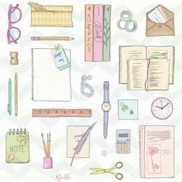 stationery flat lay, books, background studying, creative lifestyle, planning seamless pattern hand drawn illustration pastel colors