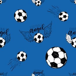 football fan seamless pattern with flying football ball with angel wings. graphic black sketch t-shirt design with european football or soccer ball on blue background. 