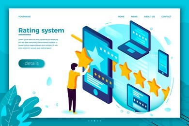 vector concept illustration -  man with stars, rating system. modern bright banner, site template with place for your text.