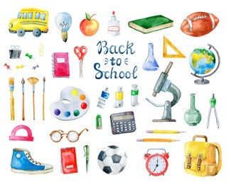 set of school items on white background. hand drawn watercolor illustration.