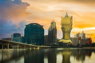 macau cityscape. landscape of macau business building with reflection with blue sky. macaw city at dusk.
