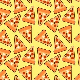 seamless trendy pizza slices pattern. cute vector pizza. for fabric, wallpapers, wrapping paper, cards and web illustration on yellow background