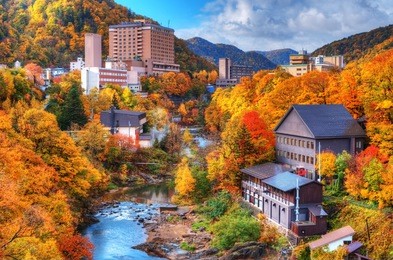 the hot springs resort town of jozankei in the northern island of hokkaido, japan.