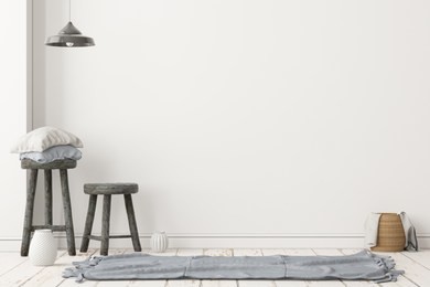 mockup scandinavian interior with a hanging chair. 3d rendering