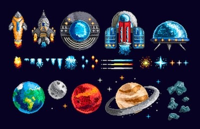 colorful pixel design of game spacecraft with planets and moving elements on blue background 