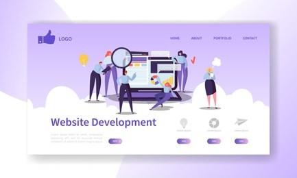 website development landing page template. mobile application layout with flat people characters and laptop. easy to edit and customize. vector illustration