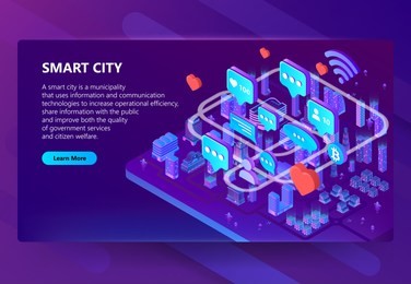 smart city vector illustration of users internet communication in town. isometric houses in wireless connection for online chat and bitcoin cryptocurrency for iot on purple ultraviolet background