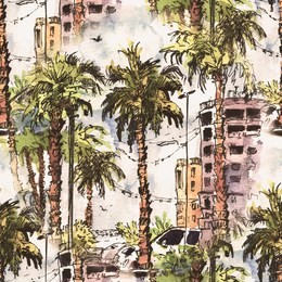 seamless pattern. downtown with street and buildings of miami city in florida, usa. watercolor splash with hand drawn sketch illustration. retro colorful watercolor silhouettes of palm trees.