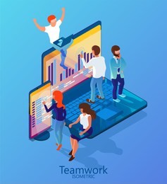 teamwork. illustration for the site. men and women work together on a laptop and smartphone. illustration in isometric 3d