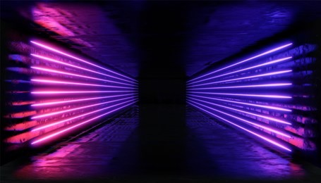 3d render. geometric figure in neon light against a dark tunnel. laser line glow.