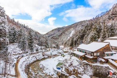 beautiful landscape of a valley covered with snow in winter season at jigokudani monkey park, the famous tourist destination in yamanouchi nagano, japan