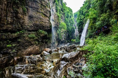 enshi mufu grand canyon landscape view with waterfall and pathway in hubei china