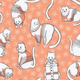 christmas cats in embroidery sweaters seamless vector pattern, hand drawn illustration for winter fashion prints, holiday stationery, xmas decor, gift wrap,  cat lover blog backgrounds, on trend yule