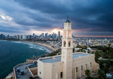 view from the drone on the old town of jaffa and tel aviv, israel