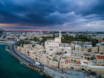 view from the drone on the old town of jaffa and tel aviv, israel