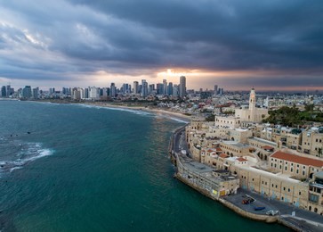 view from the drone on the old town of jaffa and tel aviv, israel