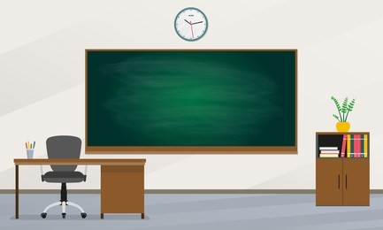school classroom with chalkboard and teachers desk. study class with blackboard. vector illustration.